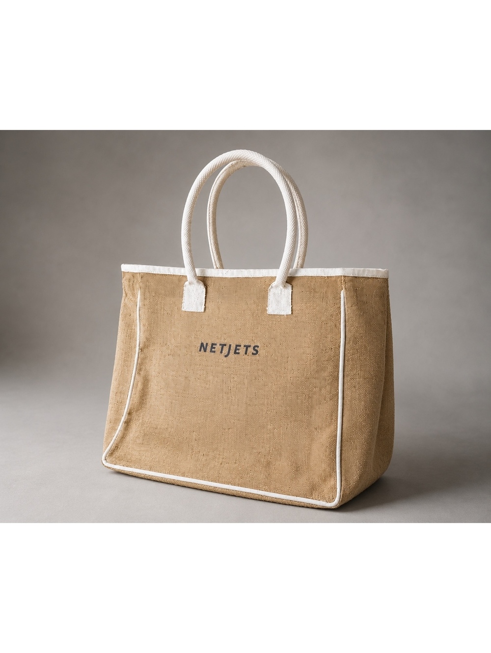NetJets Jute Burlap Tote Bag Large Beige White Handles Zip Top